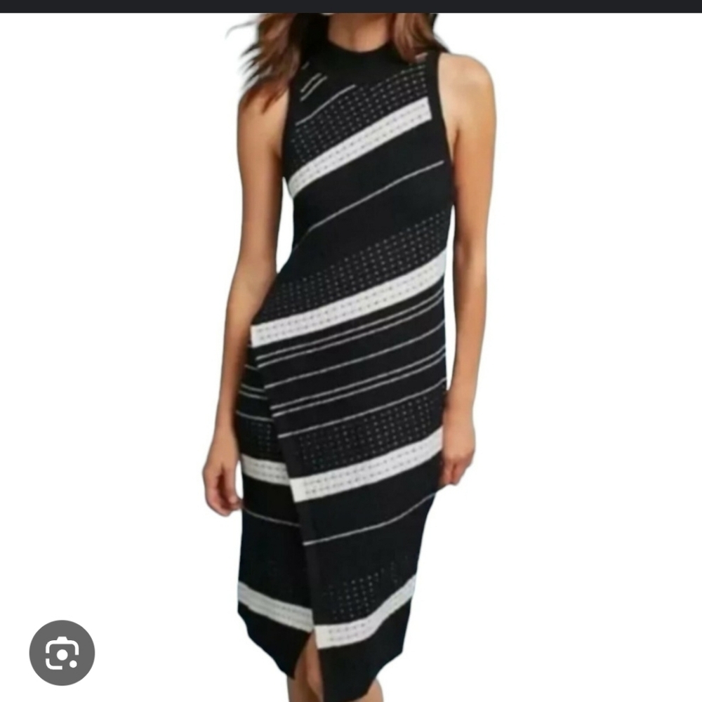 MOTH Midi Knit Dress Velda Asymmetric Stripe MockNeck Black Cutaway Women Small